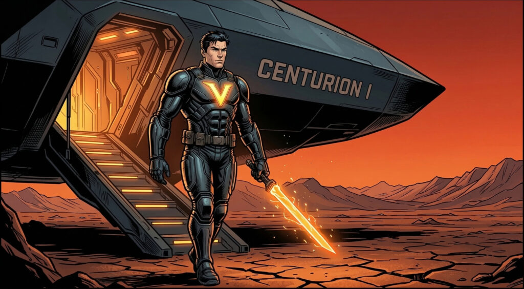 Castor Pollux bounty hunter from the Imperium Saga standing beside the Centurion starship in sci-fi comic style