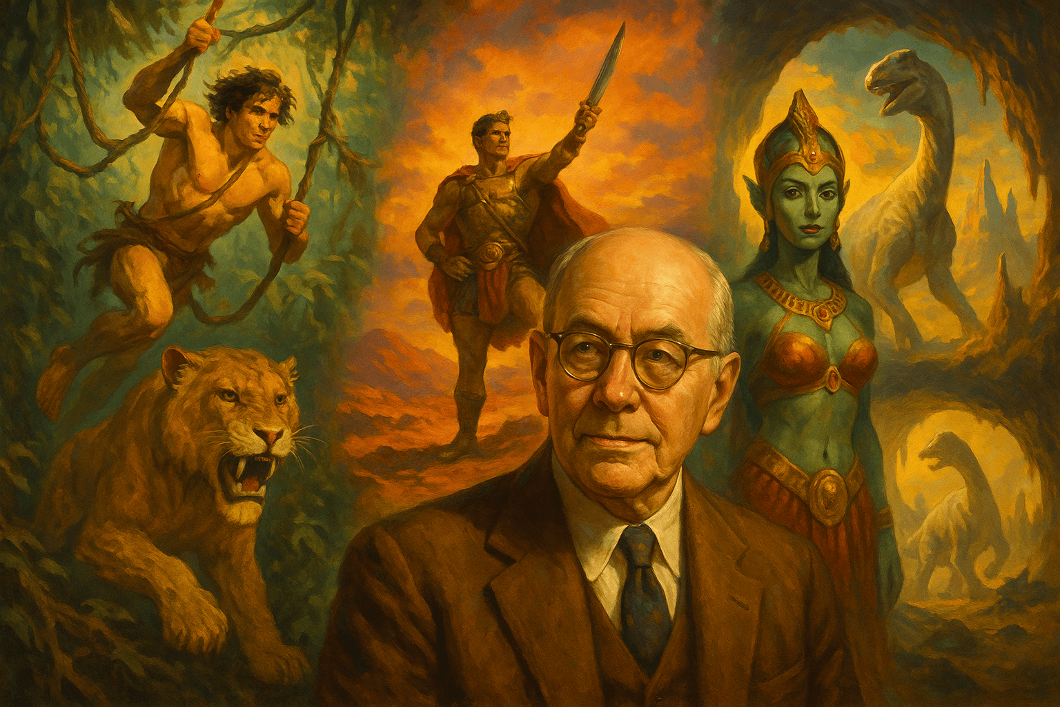 Portrait of Edgar Rice Burroughs with a collage of iconic characters like Tarzan and John Carter, vintage pulp-style art
