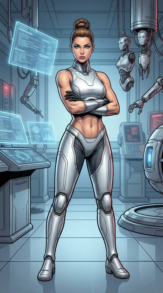 Drusila, Imperium scientist, standing with arms crossed in a futuristic laboratory surrounded by advanced technology and armored soldiers
