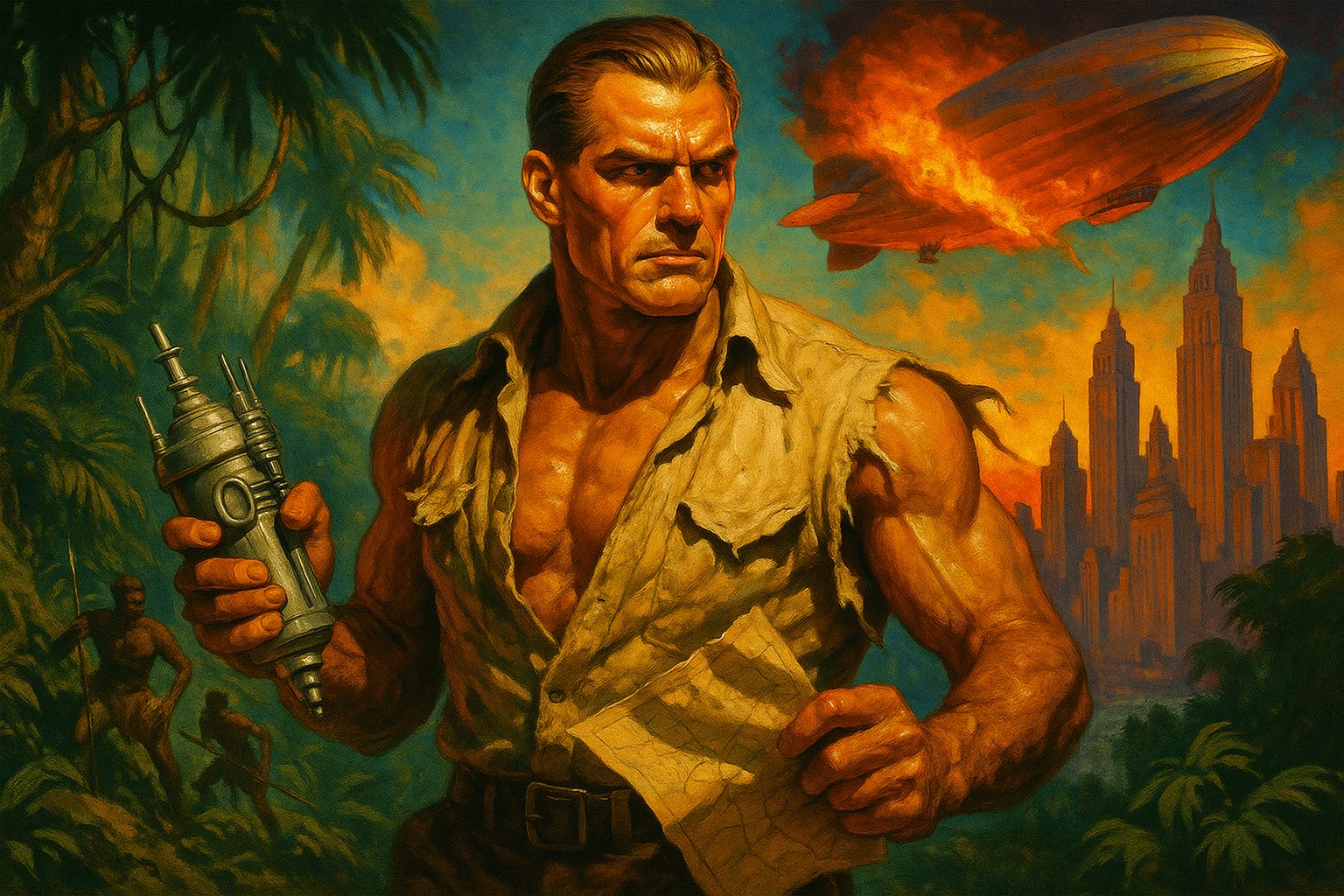 Illustration of Doc Savage, the Man of Bronze, 1930s pulp hero, in a classic action scene.