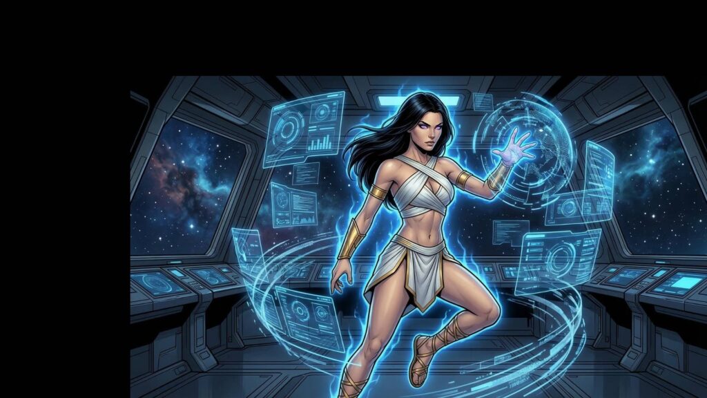 Aurora artificial intelligence hologram from Imperium Saga sci fi AI character spaceship interface