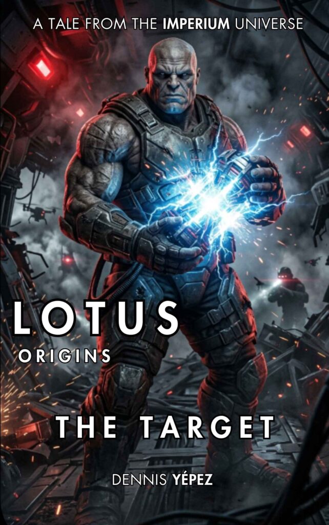 Lotus Origins The Target book cover from the Imperium universe, a powerful warrior surrounded by energy in a futuristic battle scene